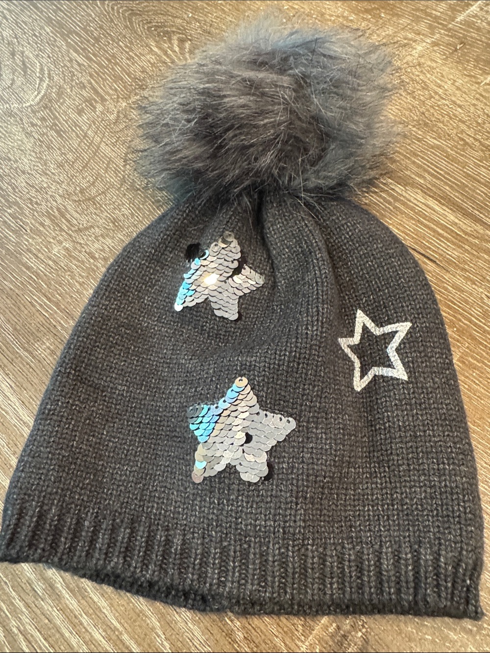 Kids Gray Pom Pom Beanie with Sequin Stars